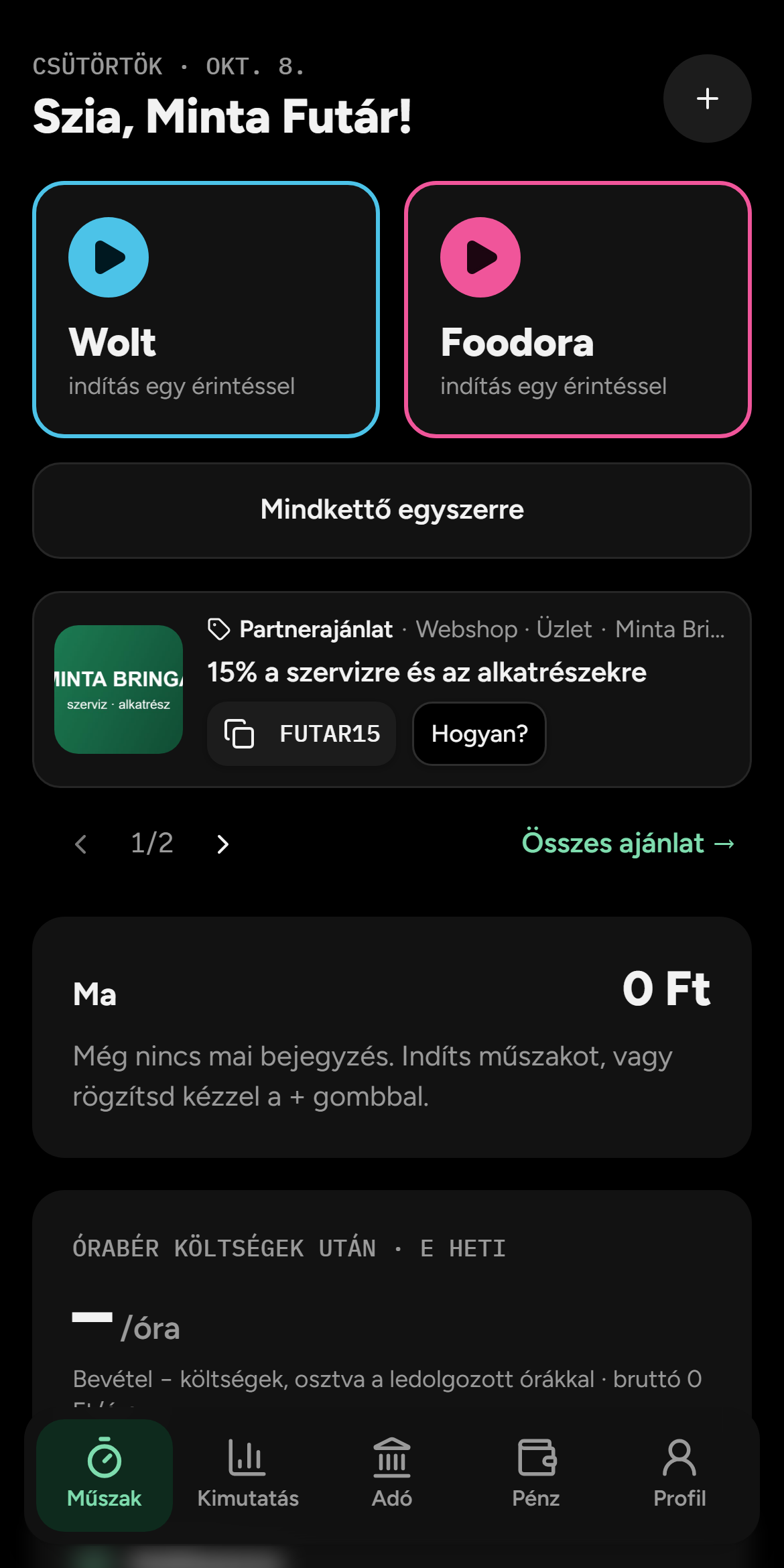 A sáv a Műszak oldalon (példa)